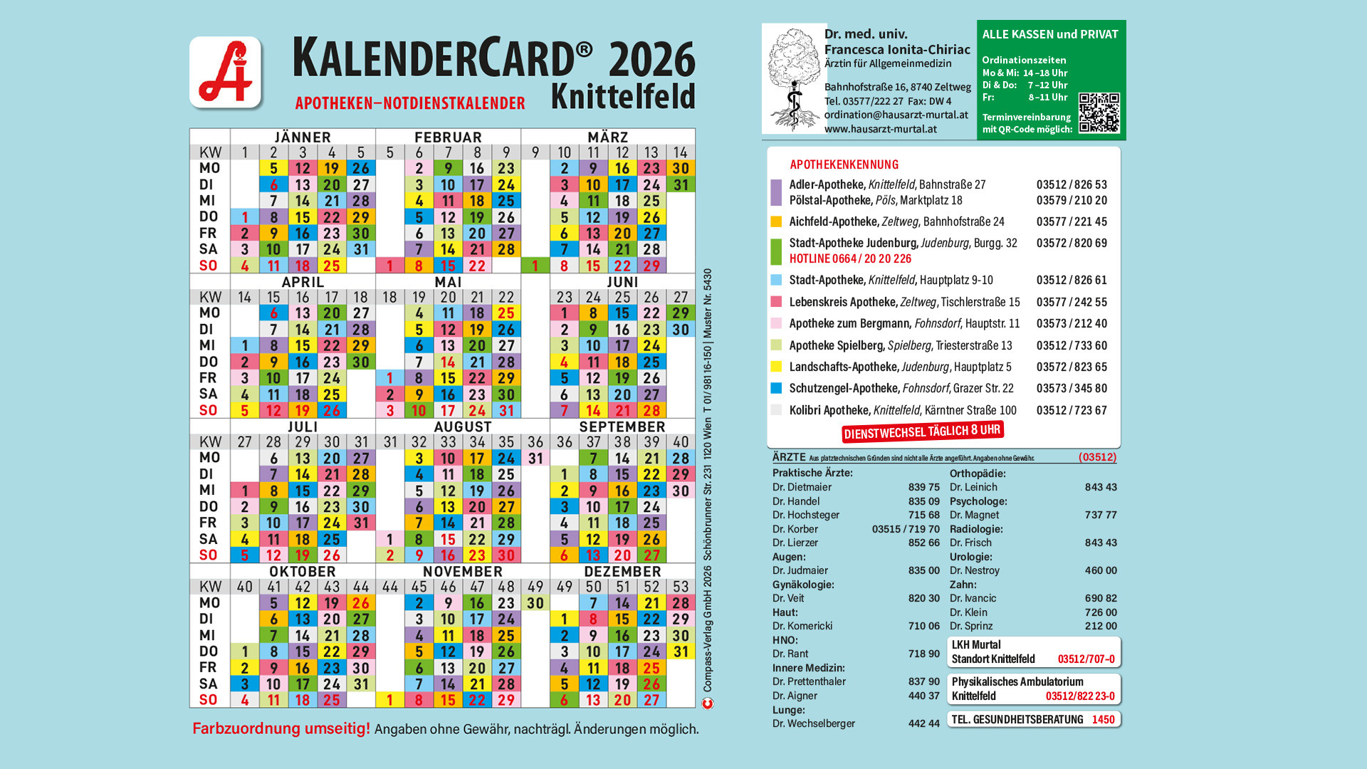 Notdienstkalender der Knittelfelder Apotheken für 2026